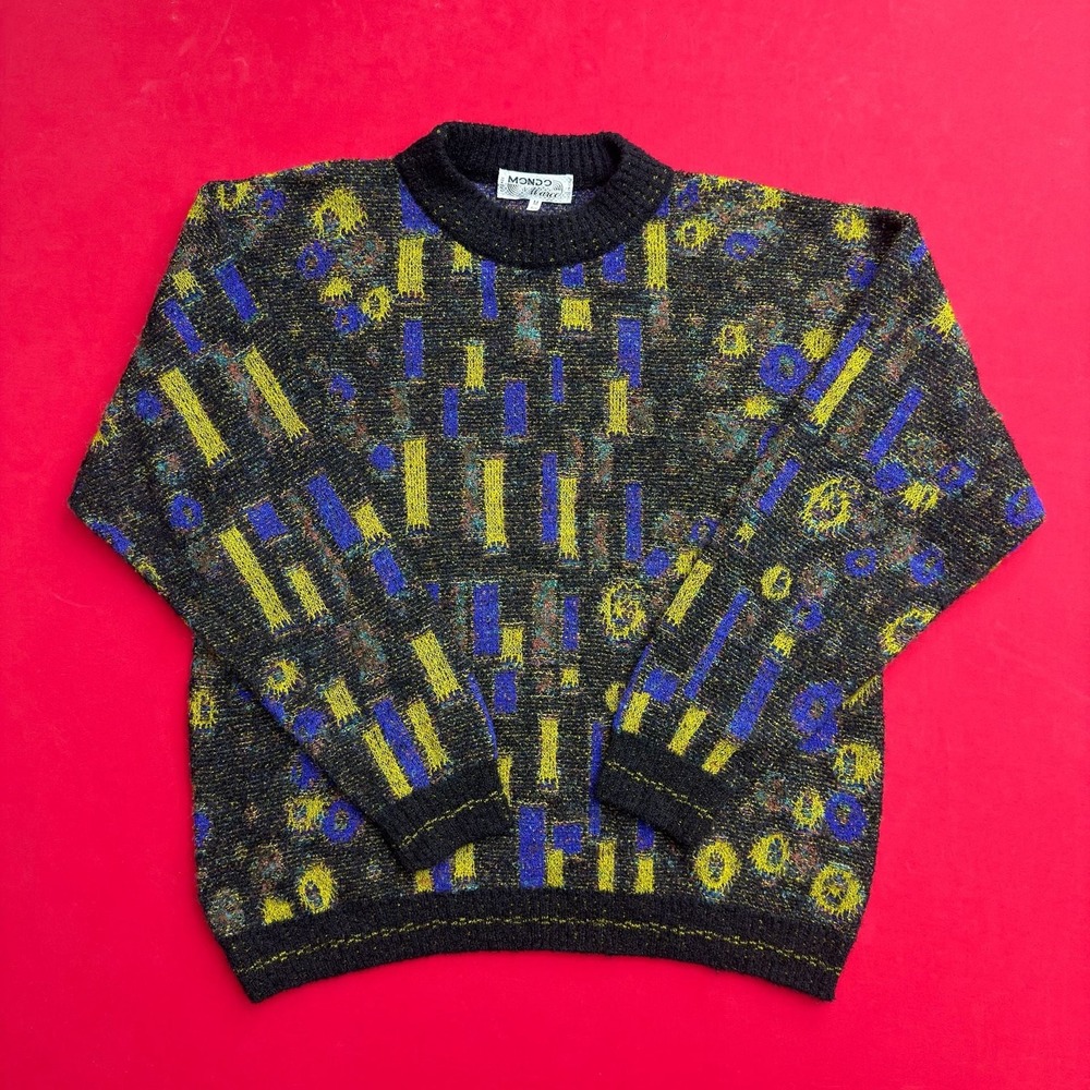 VTG 90s Mondo di Marco Abstract Geometric Knit Sweater Mens Medium Black Yellow